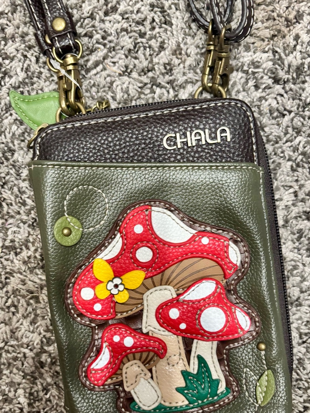 NWOT- Chala Kids Olive Green Crossbody Wallet with Red Mushroom Appliqué